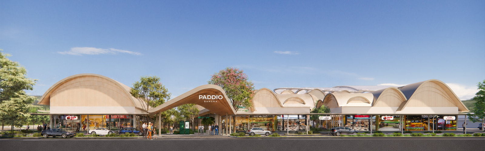 Rendering of the shell-roof frontage and entrance arch seen from the street