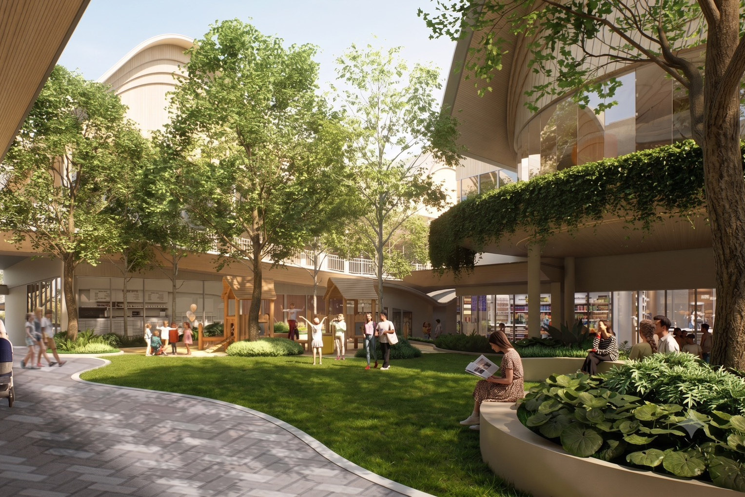 Rendering of families on the lawn beside the play area