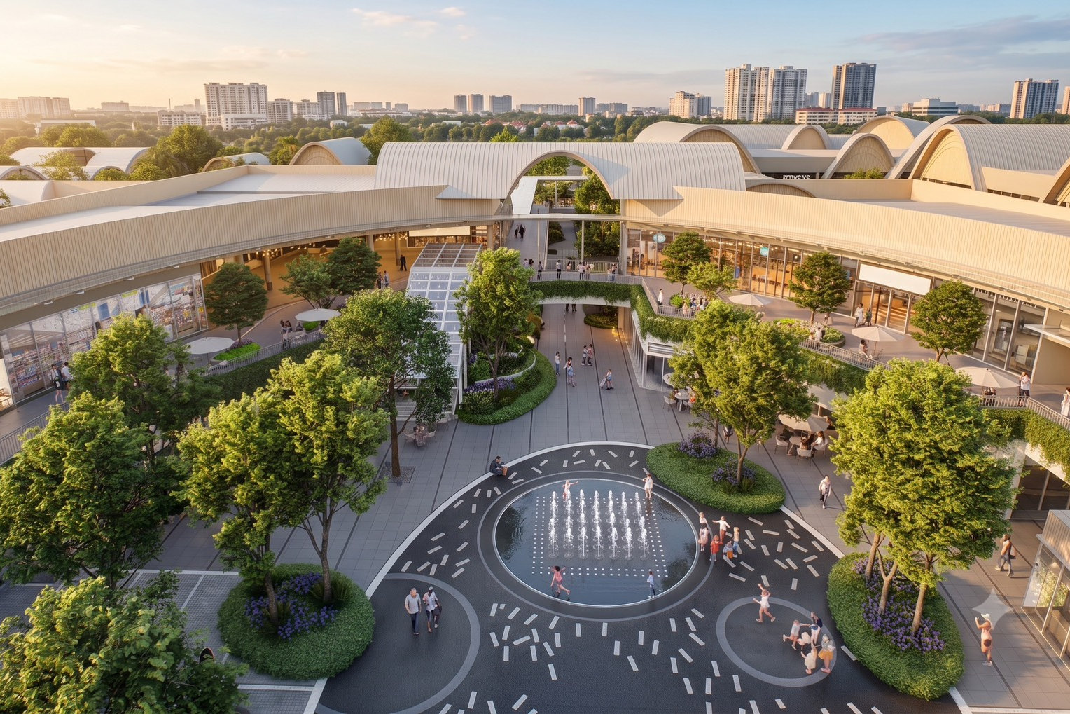 Aerial rendering of the central court and its water feature