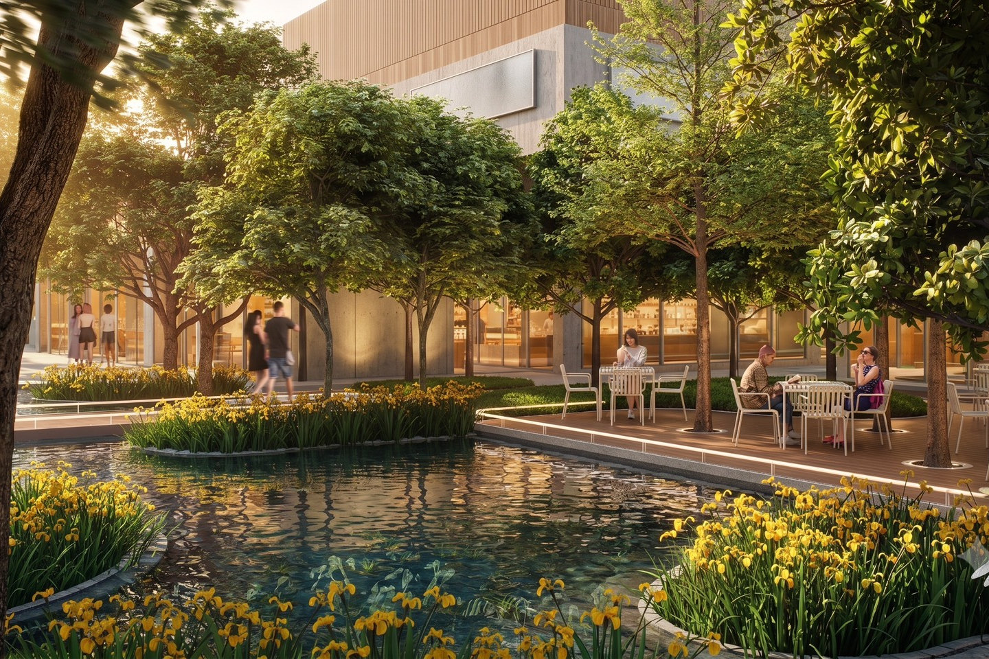 Rendering of the planted pond at the centre of the court