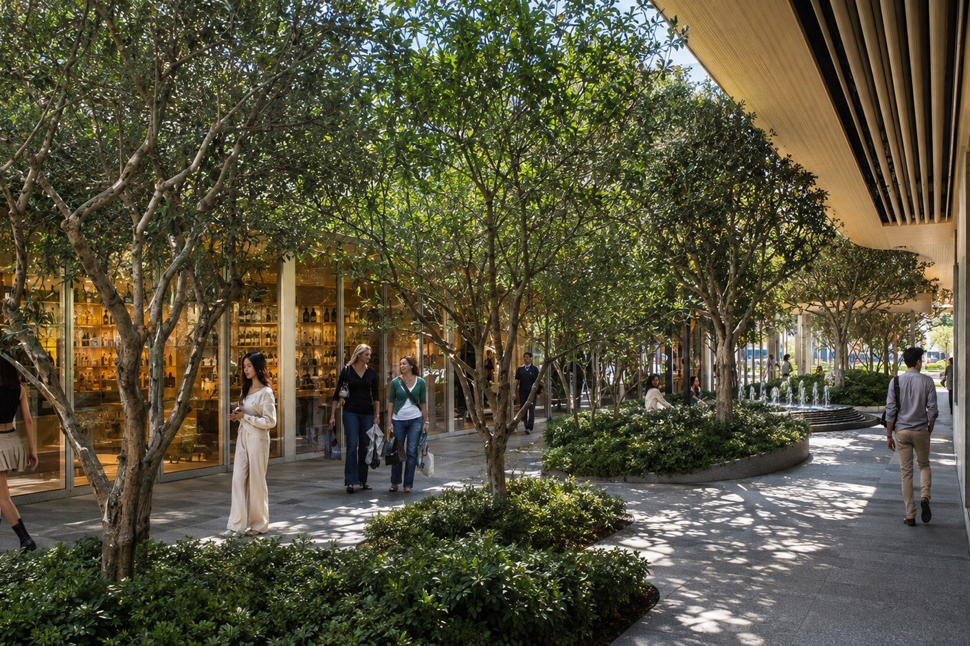 Rendering of the tree-shaded walkway beside the shopfronts